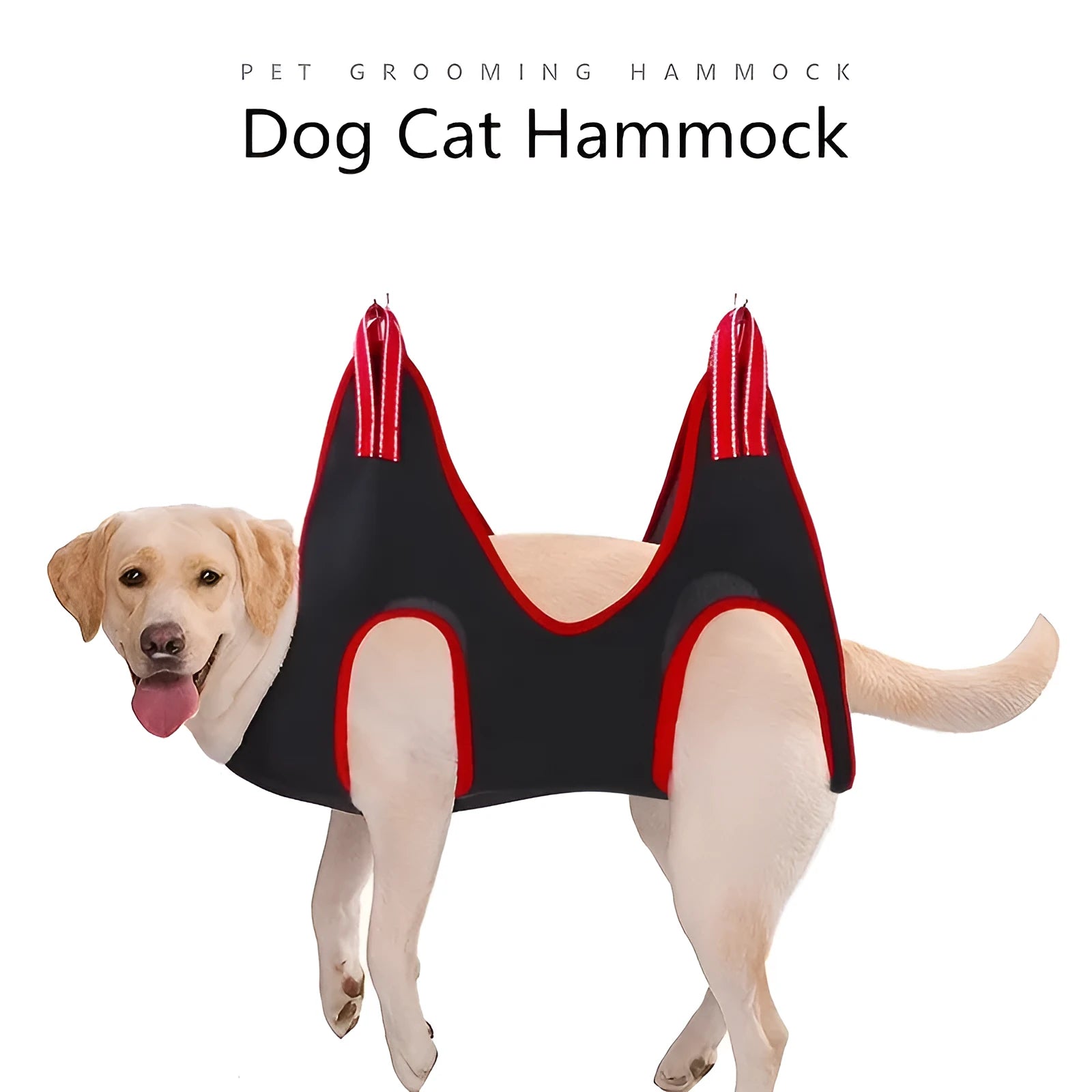 A pet grooming hammock restraint bag hanging, suitable for cats and small dogs.