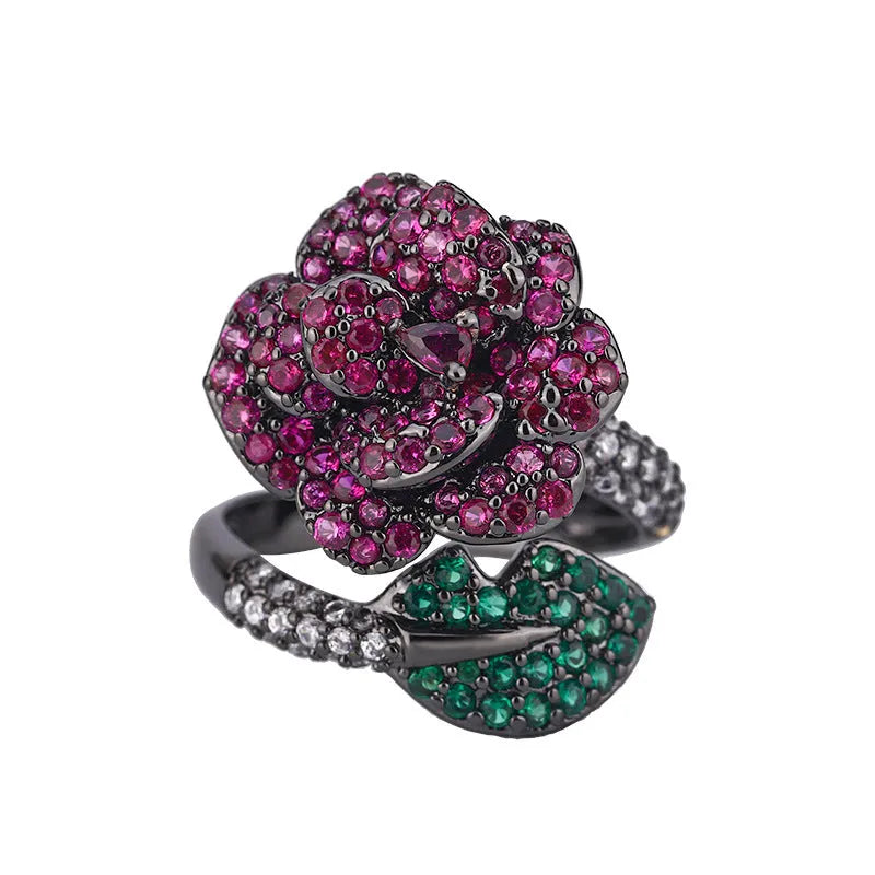 Geometric women's ring with red corundum stone and black gold finish