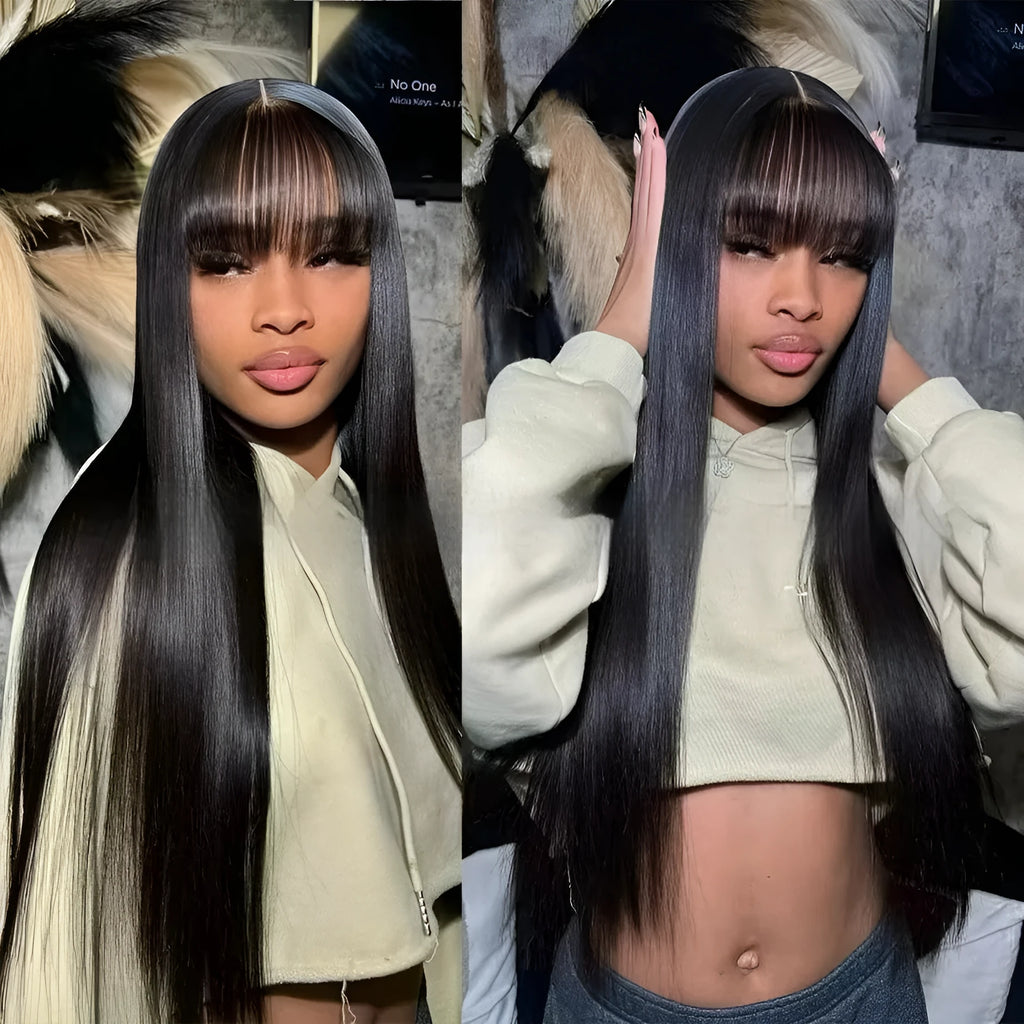Natural colour straight fringe human hair wig with full-mechanism cap on a stand.