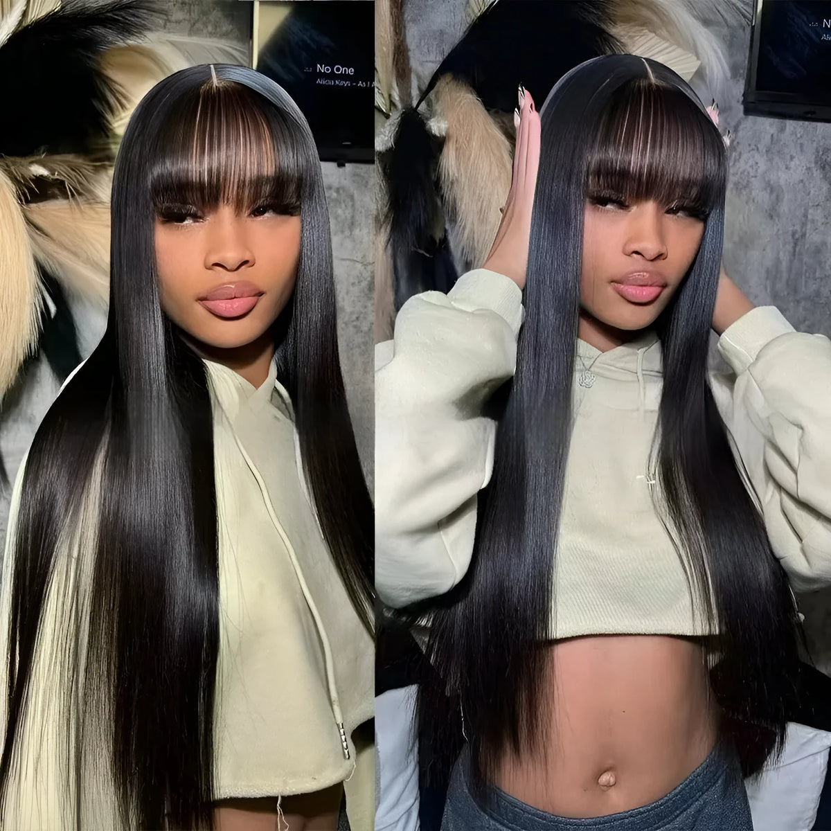 Natural colour straight fringe human hair wig with full-mechanism cap on a stand.