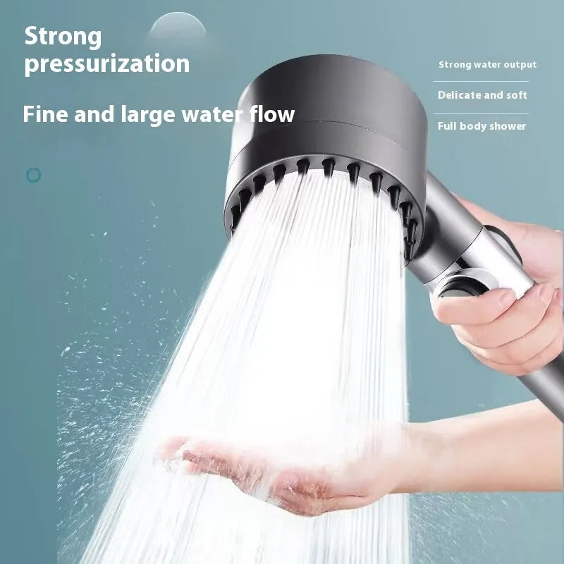 Portable modern simplicity ABS shower head with three gear adjustment for spray, massage, and rain functions.