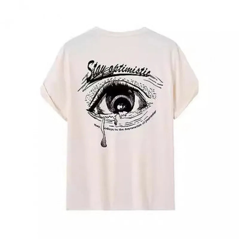 Short-sleeved men's printed street sports t-shirt on a hanger, showing digital print design.