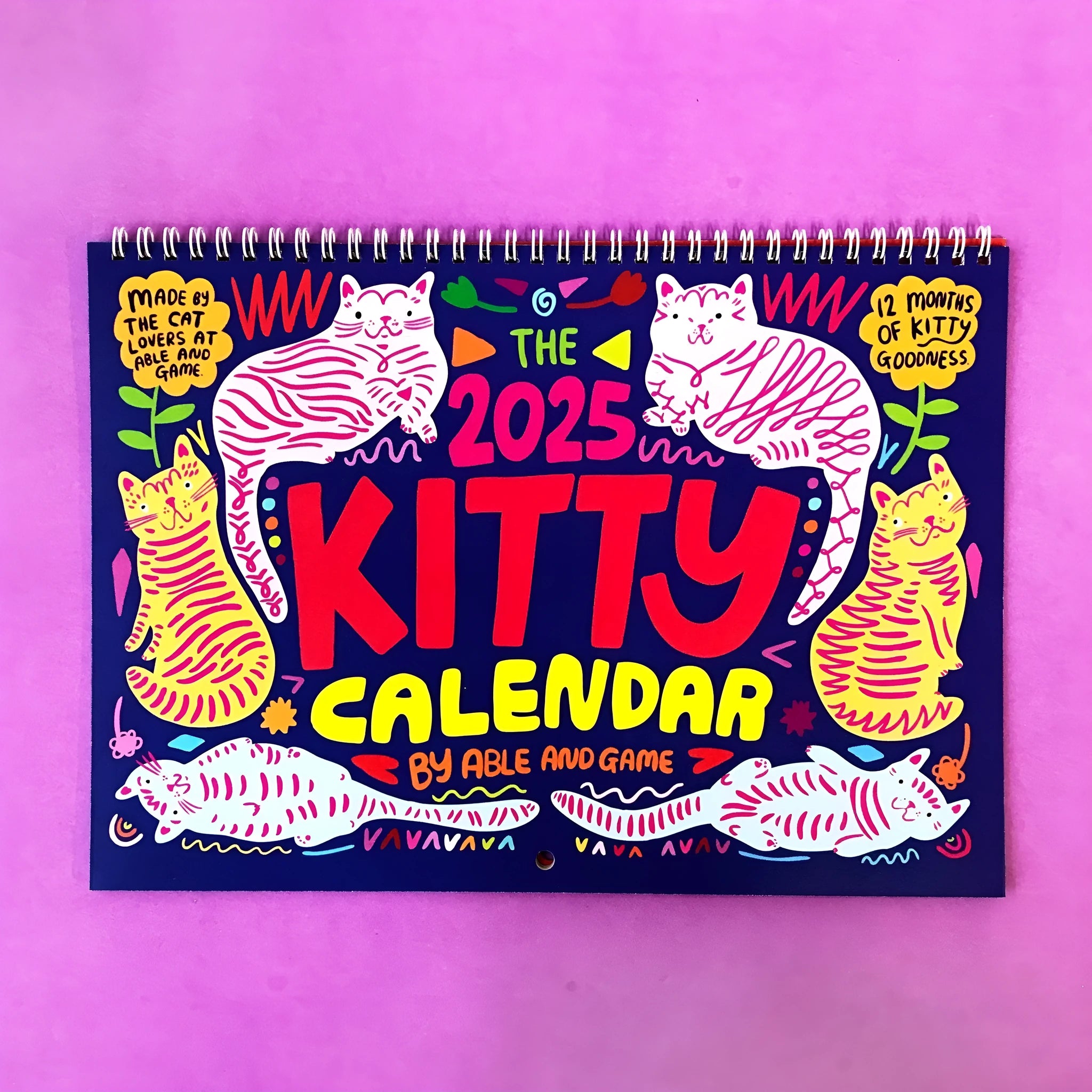Cat-themed wall calendar for the 2024 or 2025 year on a single paper sheet.