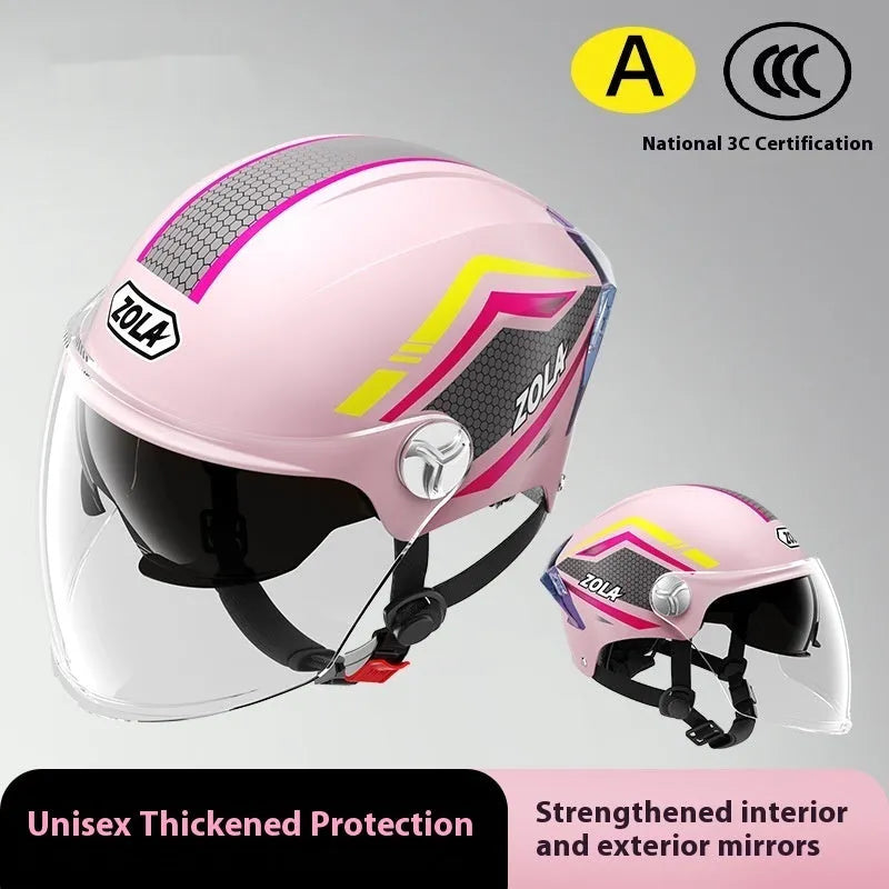 Children's 3C battery motorcycle half helmet with double mirror visor in light brown colour