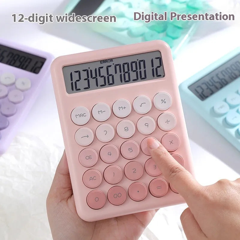 Gradient colour desktop calculator in ABS plastic showing four colour variants.