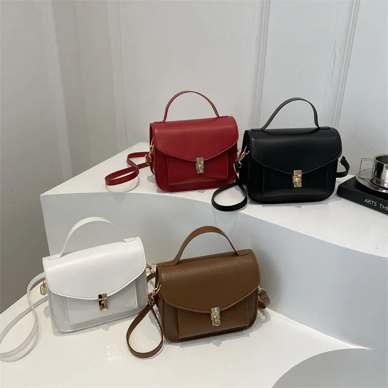 Retro style horizontal square messenger bag in PU material with sandwich pocket exterior