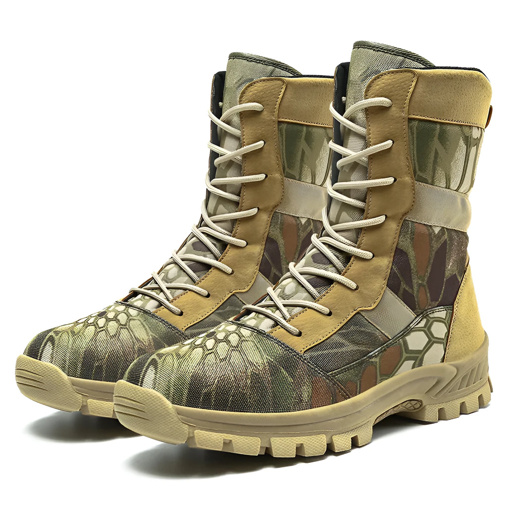 Men's black high-top combat boots with mesh upper and totem detailing in UK size 44