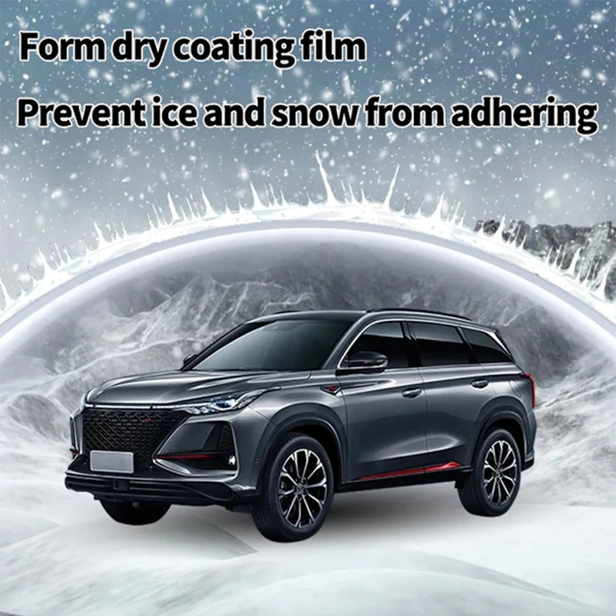 Compact car snow brush with hydrophobic nano coating spray bottle.