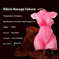 Soy wax low temperature massage candle in rose red, pink, or purple with bikini design.