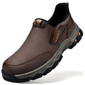 Men's casual leather-style shoes with round toe and flat heel in dark brown colour