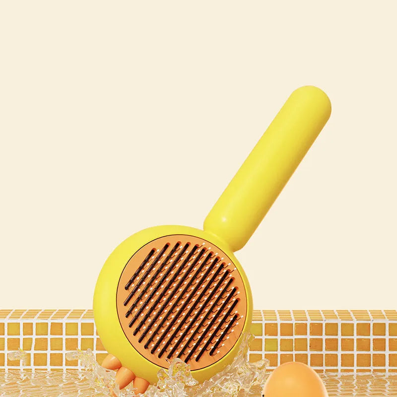 Self-cleaning pet grooming brush with purple white yellow options showing stainless steel bristles