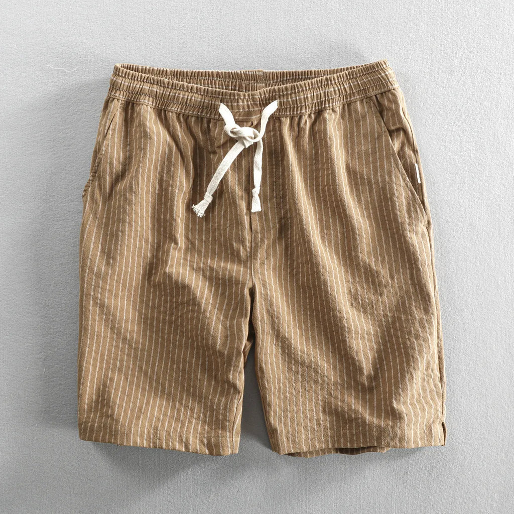 Men's striped cotton casual shorts with elastic waist in loose straight fit