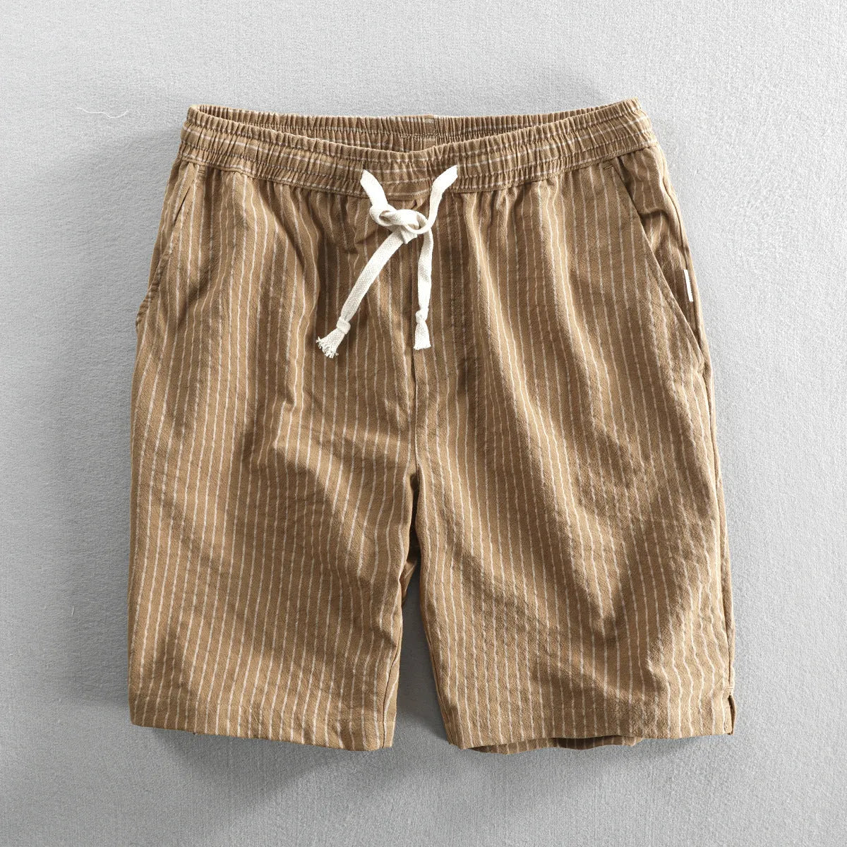 Men's striped cotton casual shorts with elastic waist in loose straight fit