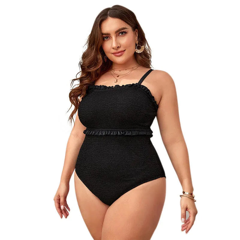 Black plus size women's one-piece swimsuit with double shoulder and cover belly design