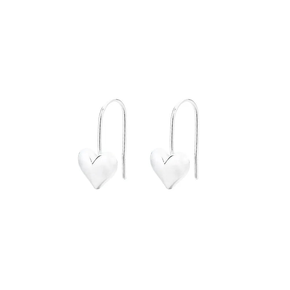 Silver heart-shaped Korean style earrings with 3D glossy finish and copper construction