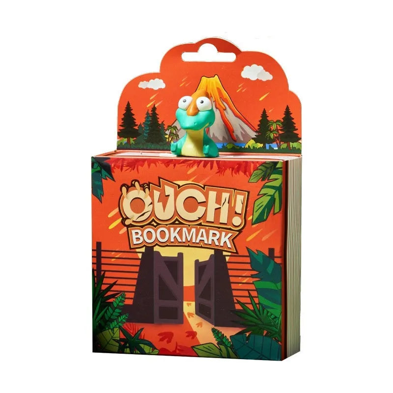 Animation-style dinosaur bookmark with T-Rex, Triceratops, Stegosaurus, and Pteranologphus designs