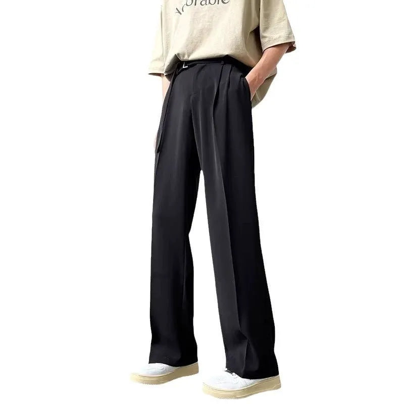 Thin straight leg black wide leg trousers with loose fit and non-ironing fabric