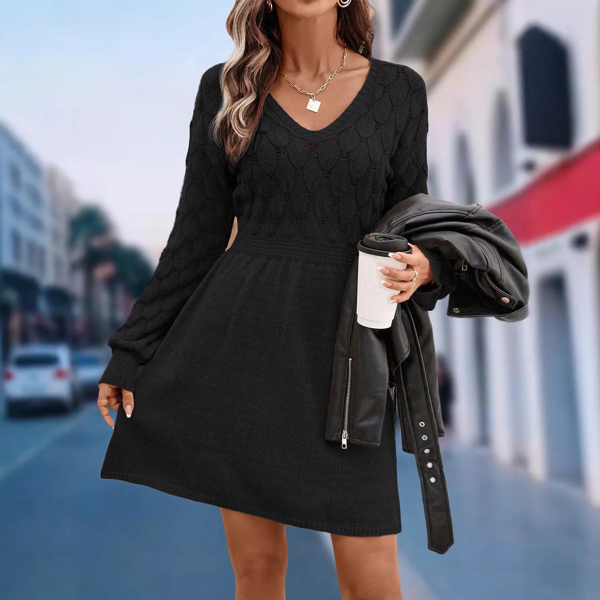 Long sleeve V-neck acrylic beach dress in apricot with a high waist and 3D ethnic pattern.