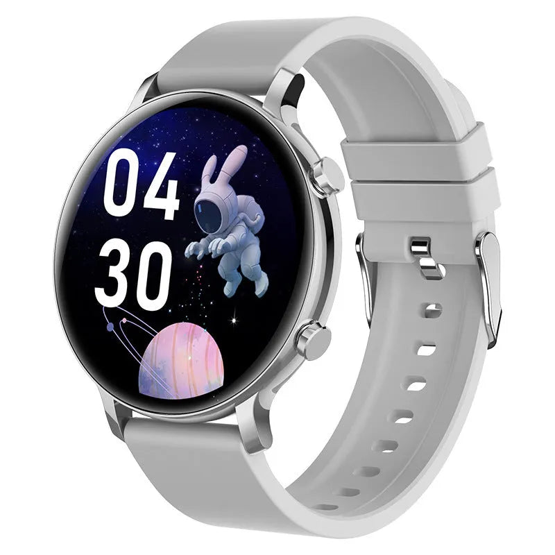 Bluetooth smartwatch with stainless steel strap showing 41-43mm screen with heart rate display