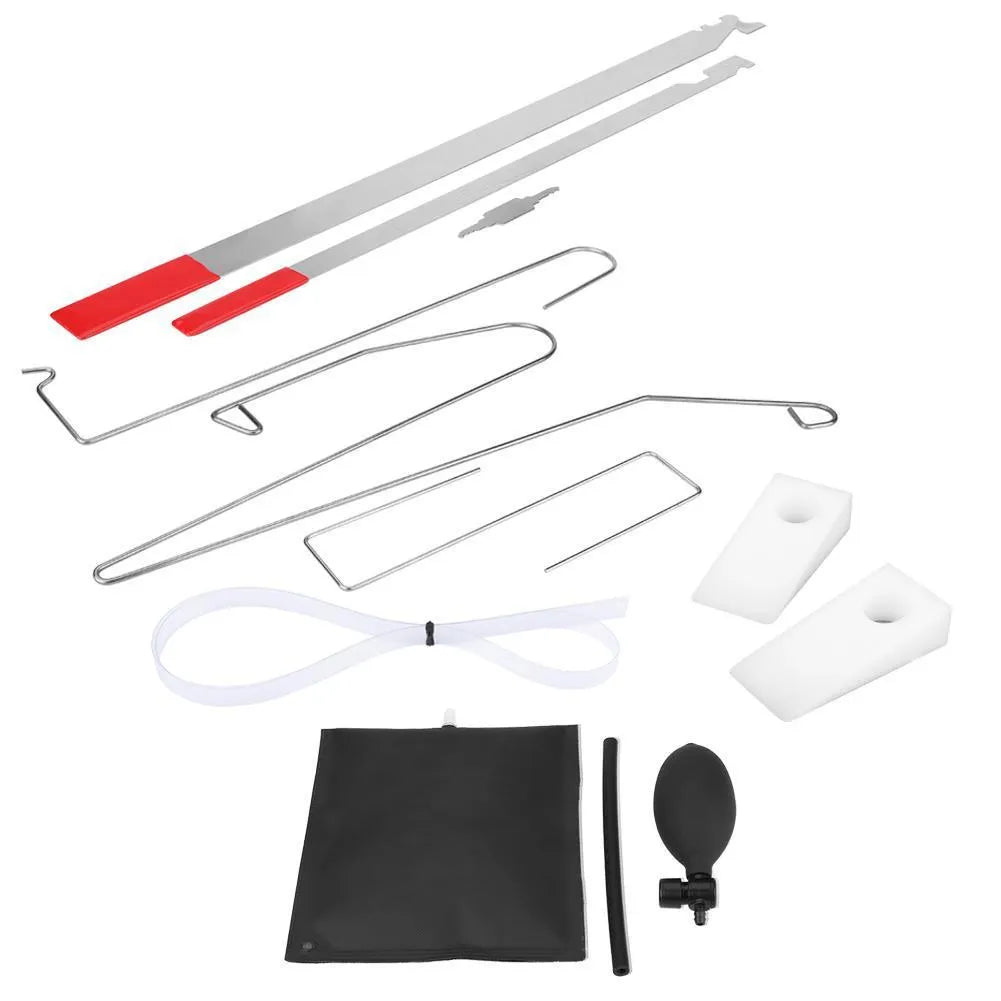 9-piece automotive maintenance tool set with air pump wedge, plastic wedges, hooks, and crowbar tools