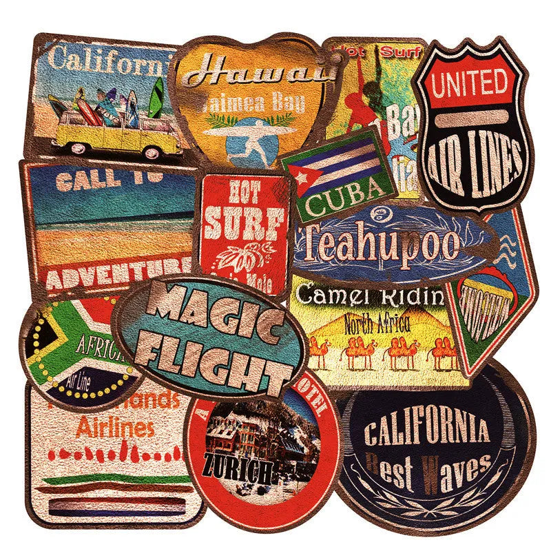 Assortment of large retro beach and surfing themed vinyl stickers on a white background.
