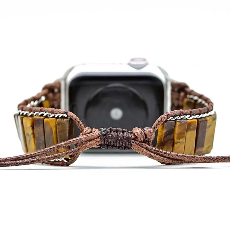 Men's adjustable textile watch strap with rectangular tiger eye stone chain detail, shown fitting a watch.