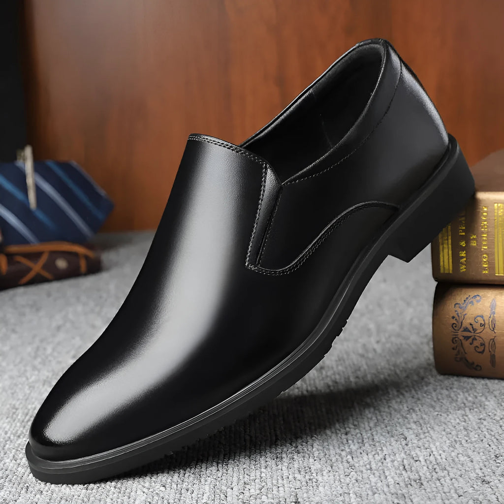Men's black leather slip-on business casual shoes with low top and rubber sole