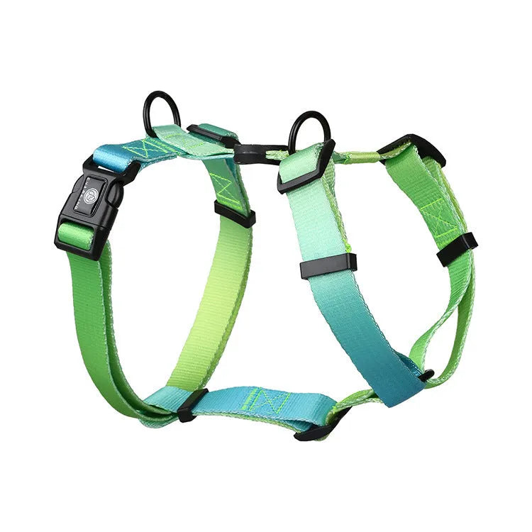 Gradient colour dog harness chest strap in purple, made from polyester fabric.