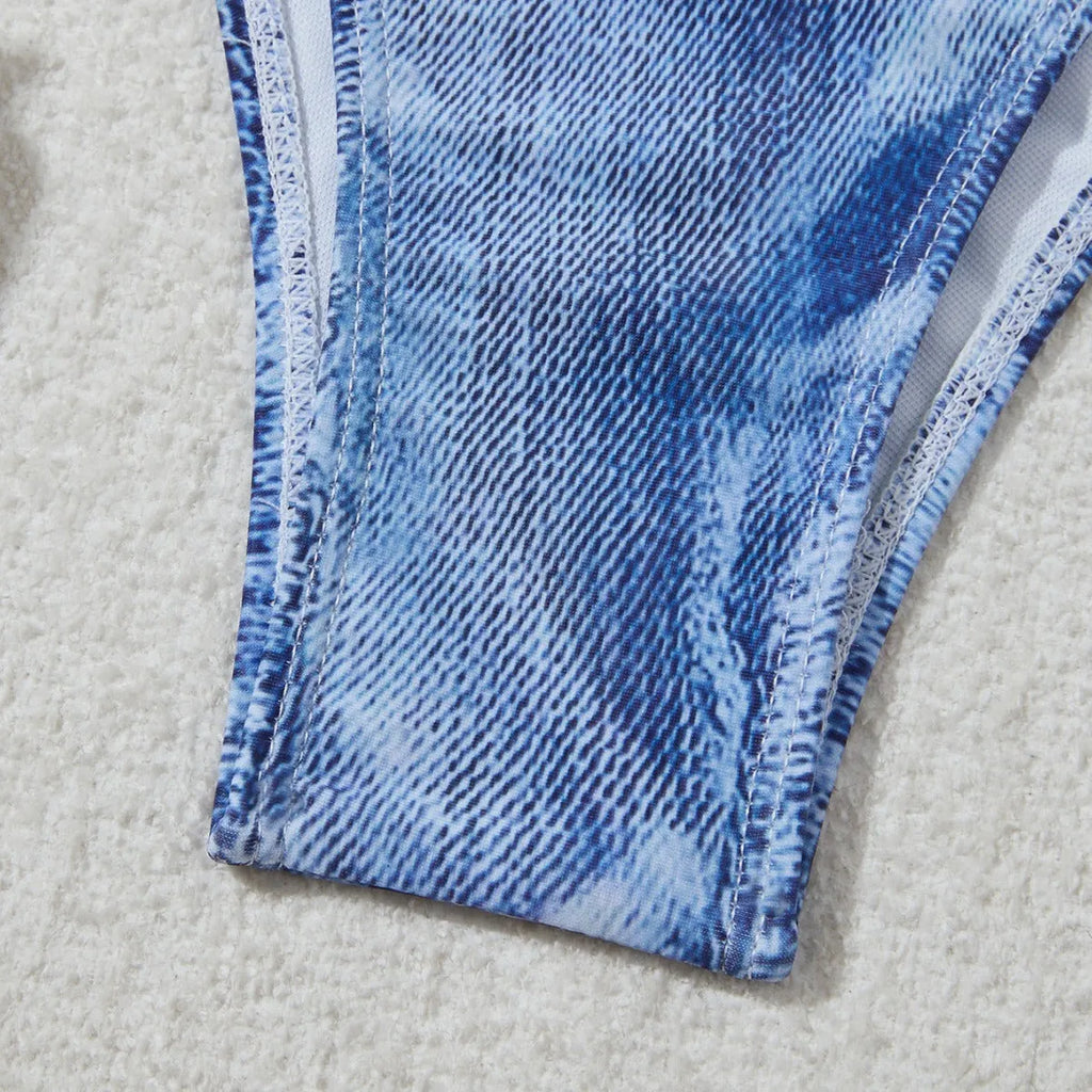 Women's denim blue printed bikini set with strap design and nylon-spandex fabric