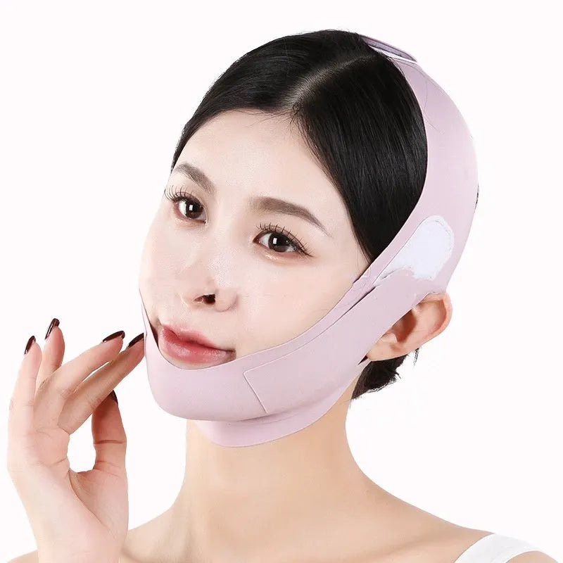 Small V face shaping mask in light breathable fabric, shown in purple and green colours.