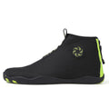 Men's black and fluorescent green quick-dry mesh beach shoes with a non-slip rubber sole on a rocky surface.