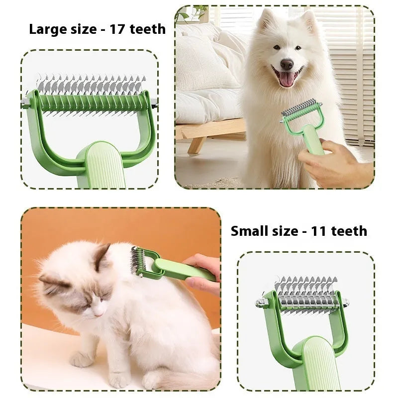 Green and grey pet hair unknotting comb for dogs in large and small sizes.