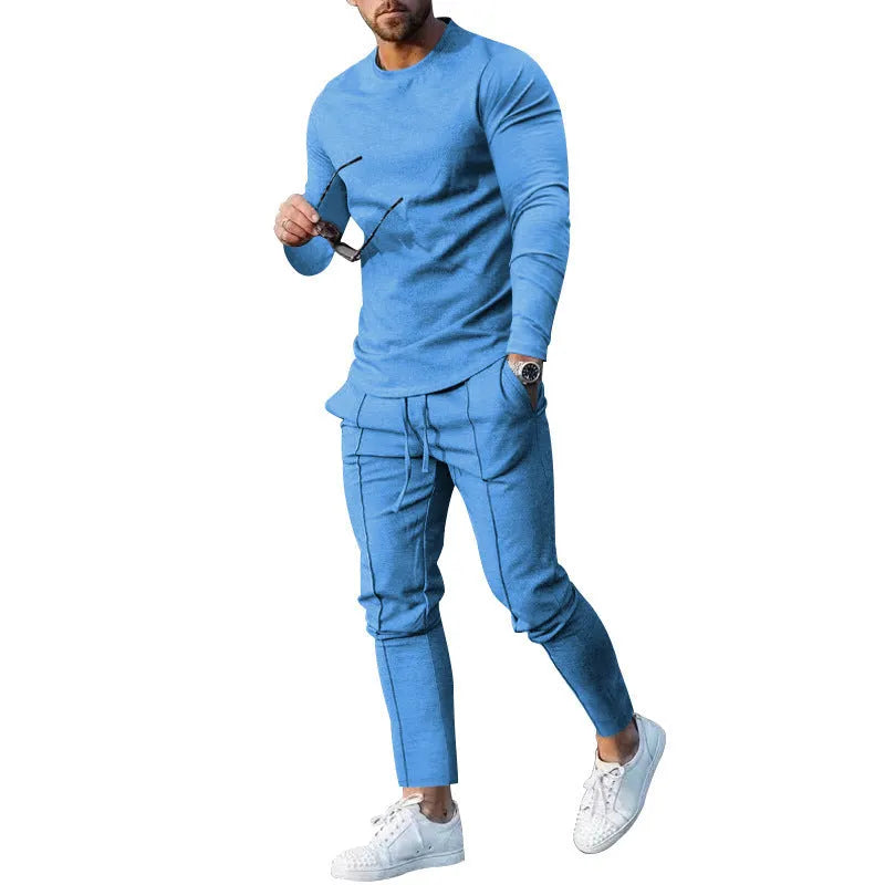 Men's light grey two-piece casual suit with round neck long sleeve T-shirt and trousers