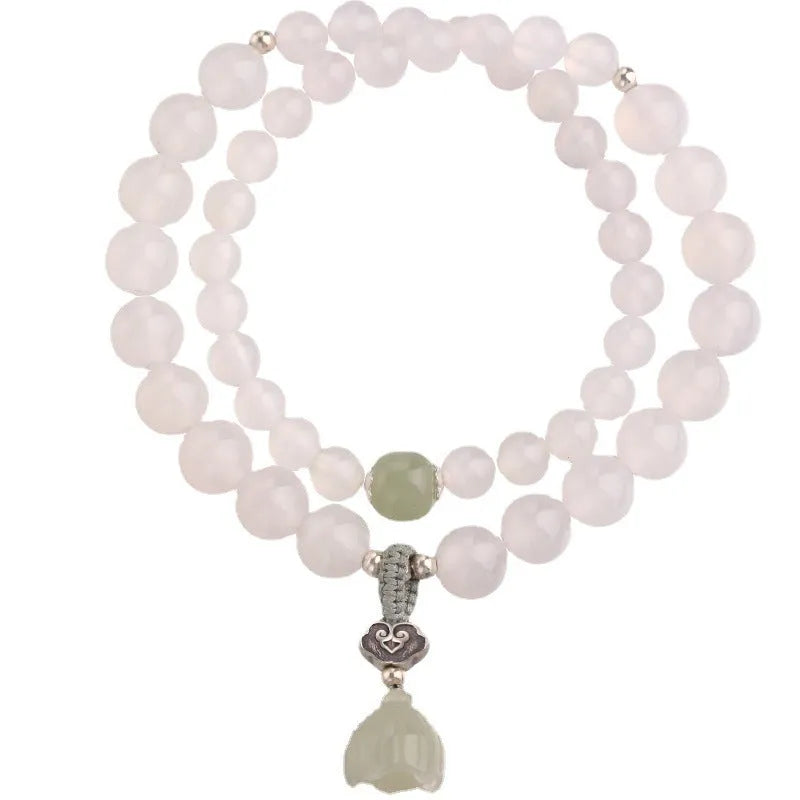 Women's bracelet with S925 silver clasp, white agate and Hetian jade beads in geometric lotus design