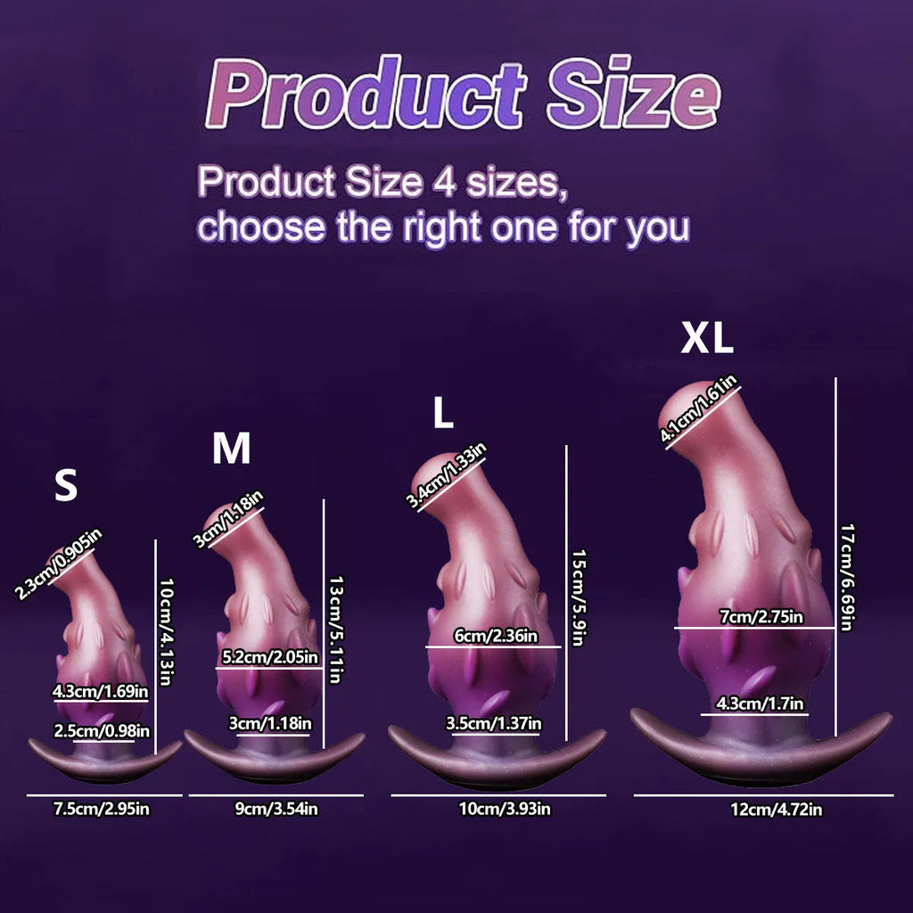 Black, gold and purple wearable silicone adult masturbator toy shown in sizes S, M, L, and XL.