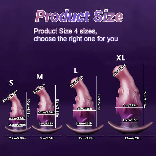 Black, gold and purple wearable silicone adult masturbator toy shown in sizes S, M, L, and XL.