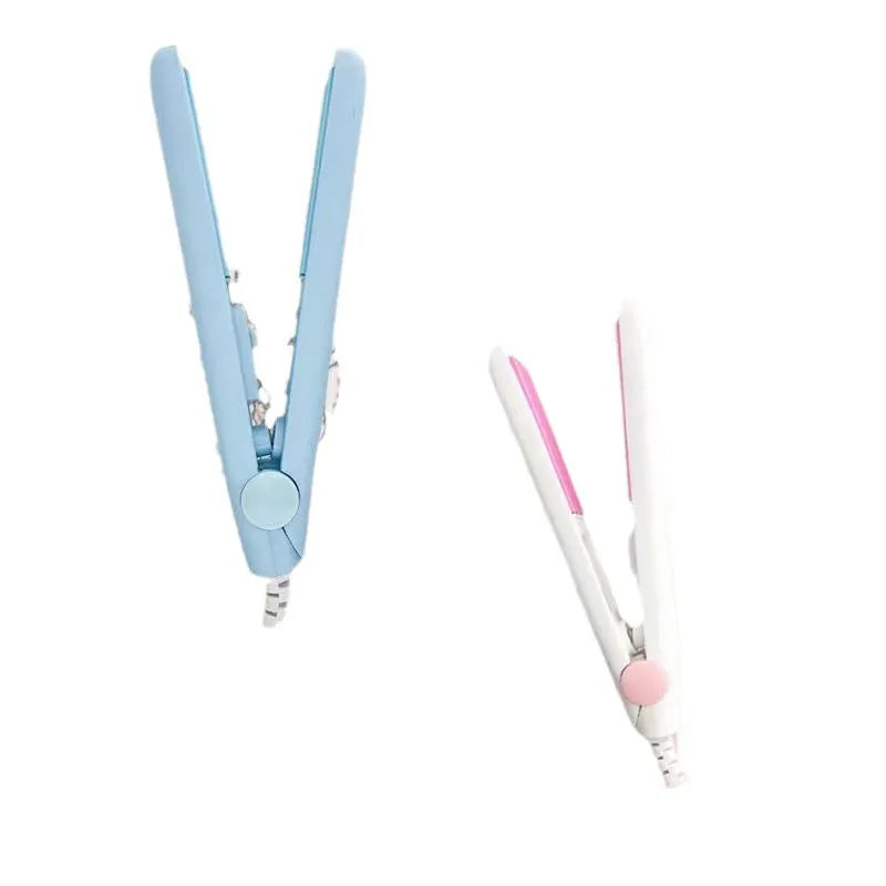 Mini hairdressing splint straightener in blue, pink, white, purple, or yellow with storage box for fringe styling.