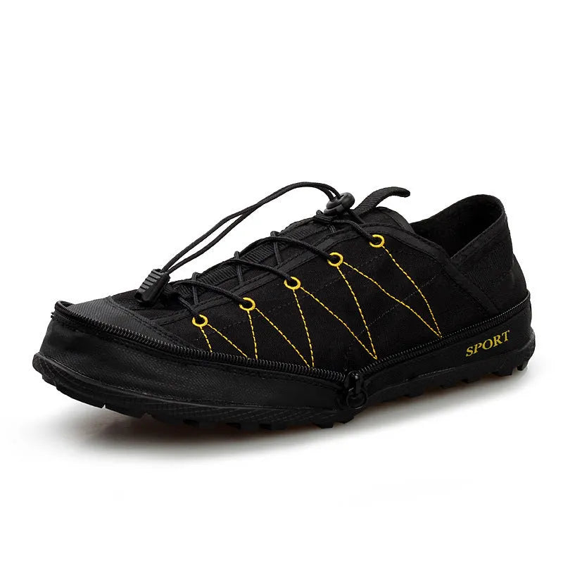 Orange, black, and grey folding hiking shoes with mesh upper and side zipper, shown in folded and unfolded states.