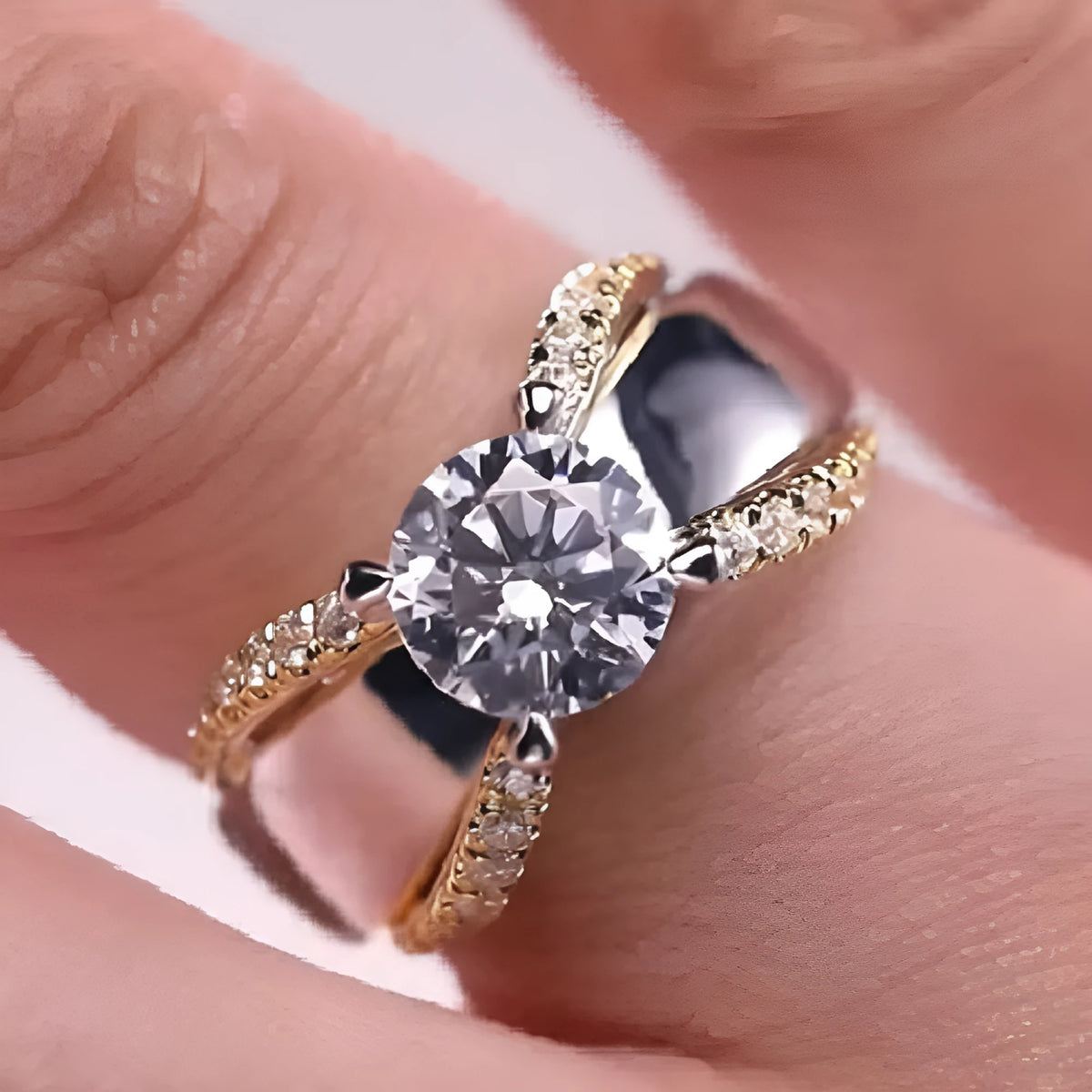 Geometric two-tone brass ring with nickel-free white steel plating on model hand