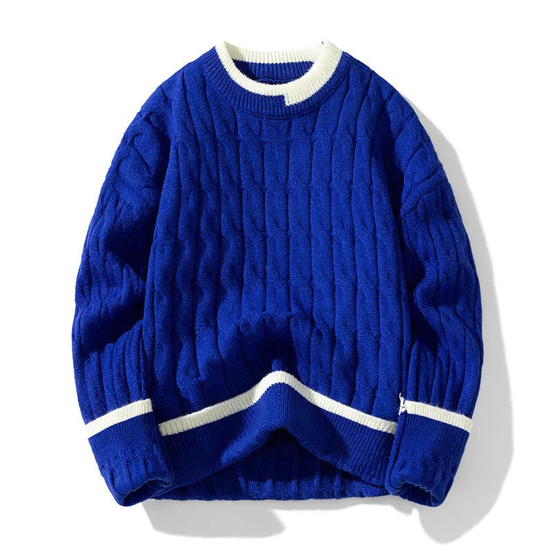 Two loose fit men's long sleeve pullover sweaters folded, shown in light blue and grey colour options.