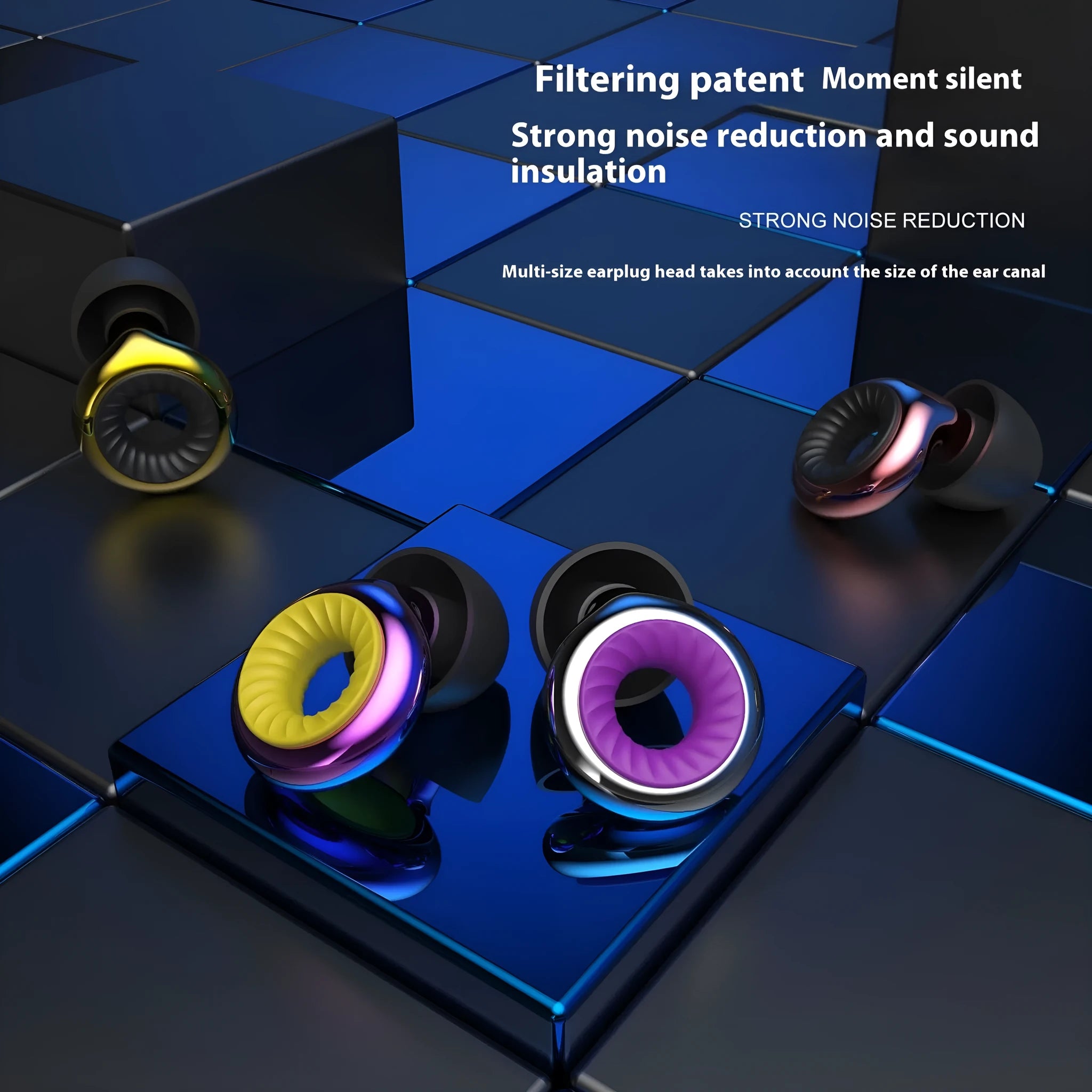 Set of noise reduction sleep earplugs in five colours with storage box and spare ear caps.