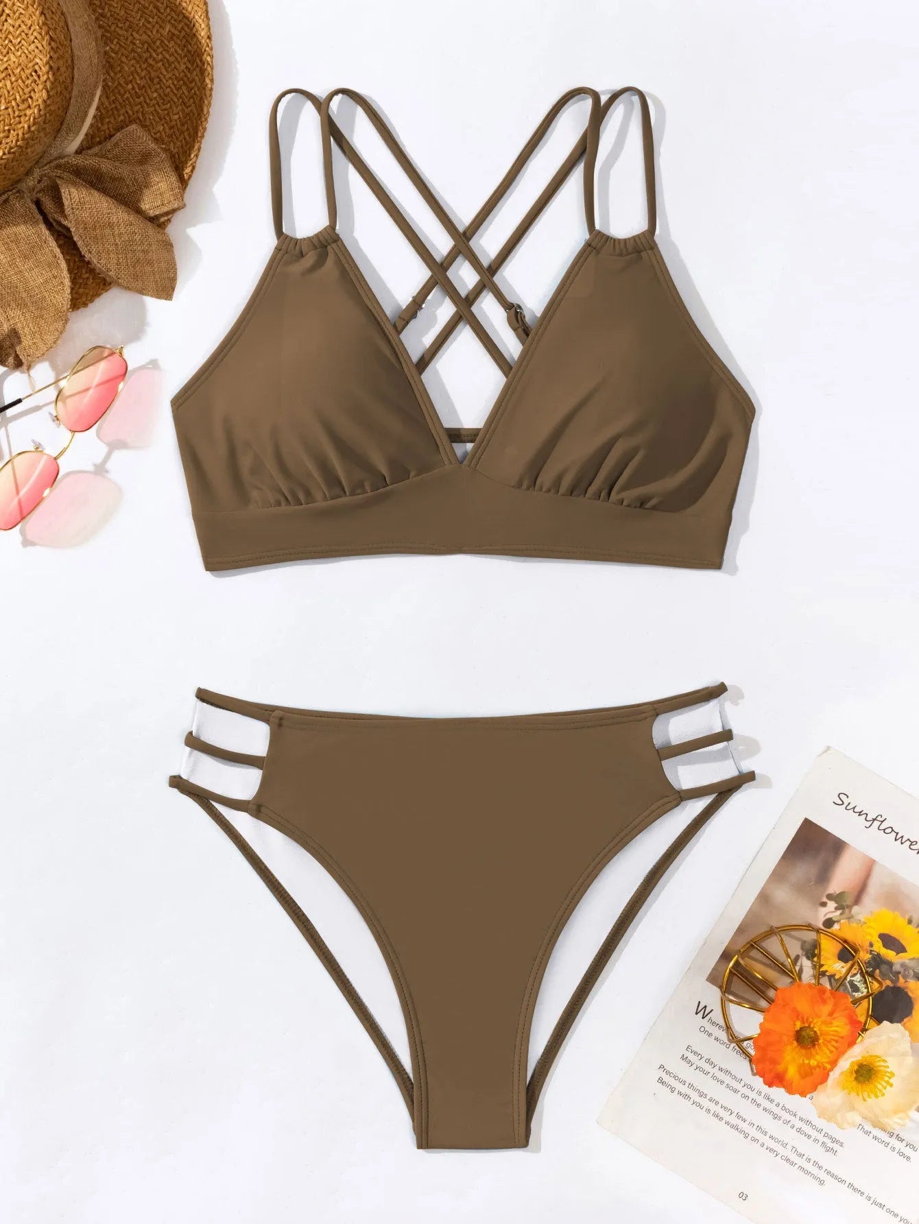 Ladies V-neck halter bikini swimsuit with split sides design in nylon fabric