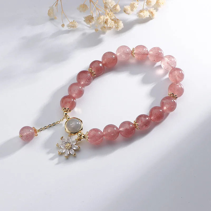 Strawberry quartz crystal bracelet with electroplated flower pendant in Mori style design