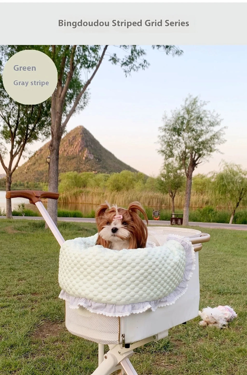 Pure cotton pet stroller cushion set with pillow and anti-dirty towel in a floral pattern.