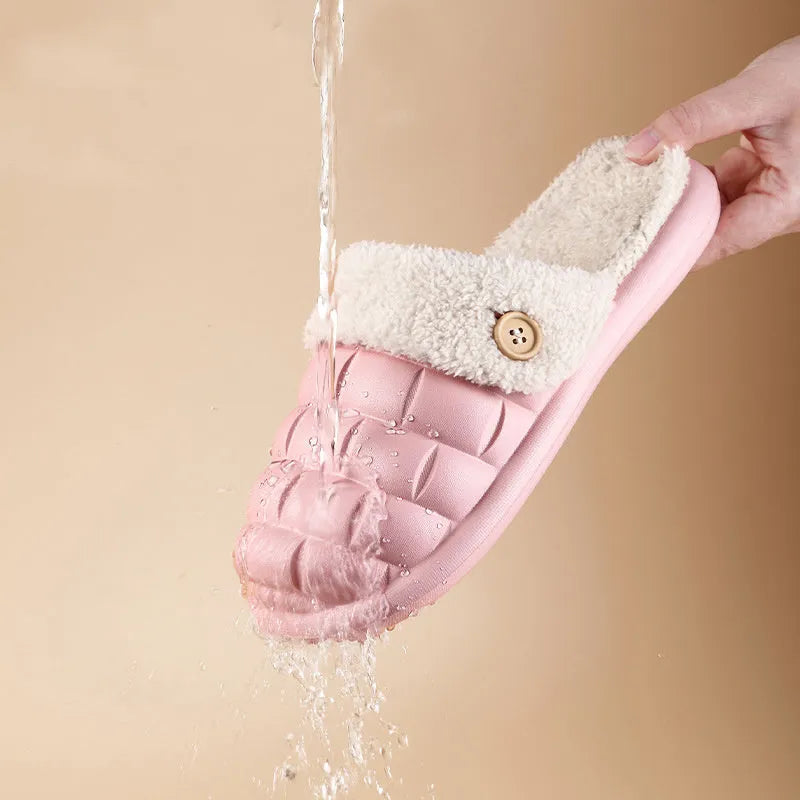 Plaid detachable EVA slippers for women in pink, showing plush lining and non-slip sole.