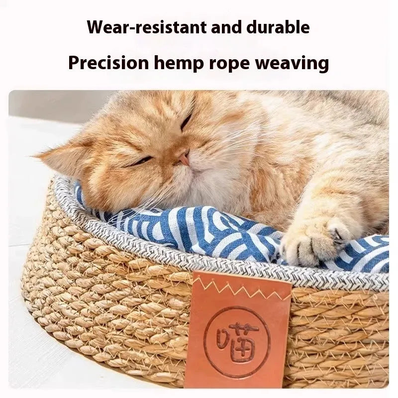A woven rattan cat nest or bed, shown in one of four available sizes for small to extra large cats.