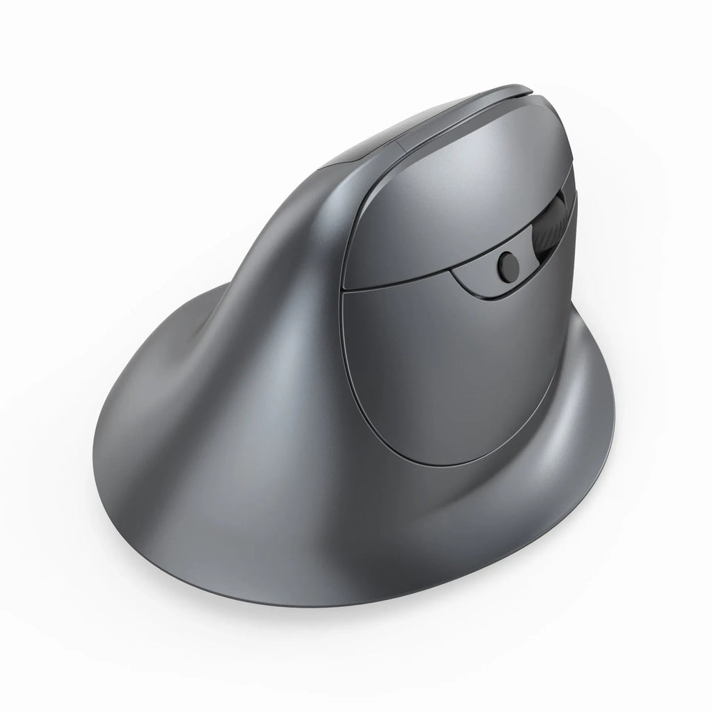 Grey handheld Bluetooth vertical mouse showing ergonomic grip design