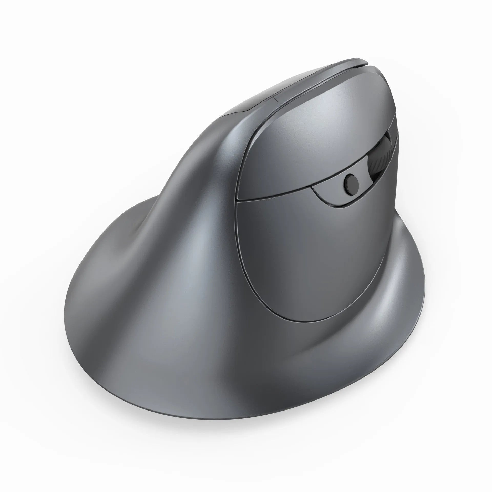 Grey handheld Bluetooth vertical mouse showing ergonomic grip design