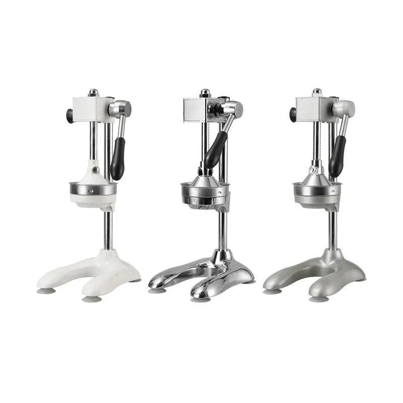 Vertical stainless steel manual kitchen juicer with multiple colour and tip configuration options