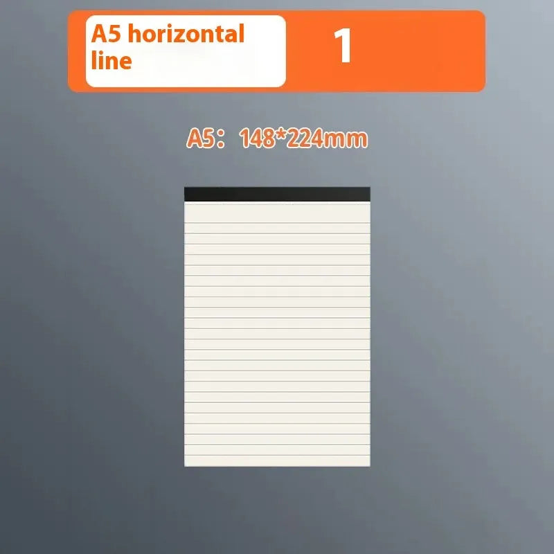 A5, B5, and A4 writing pads showing horizontal line, grid, and blank ruling options with 80 wood-free paper sheets